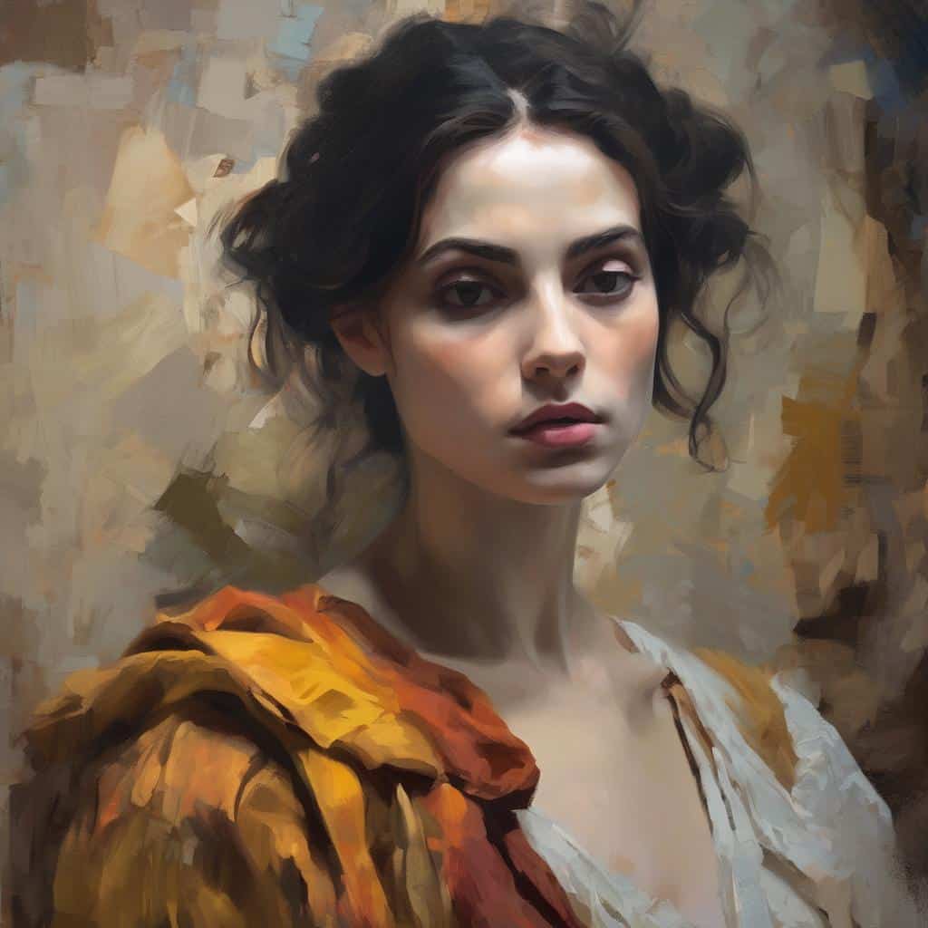 Σοβαρό πορτρέτο νεαρής γυναίκας με καστανά μαλλιά και εκφραστικό βλέμμα, σε καλλιτεχνικό στυλ ζωγραφικής.
